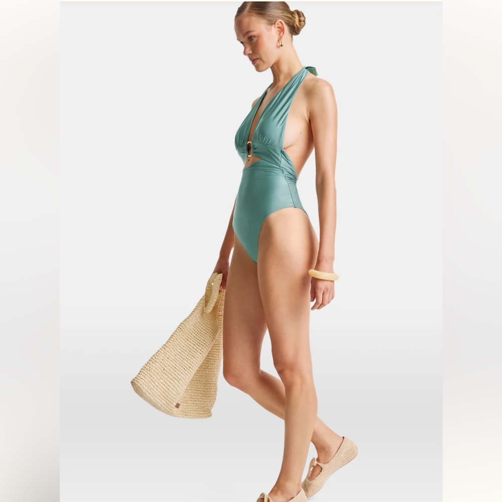 TALA Halter Plunge Gold Ring Bikini Swimsuit Teal XL